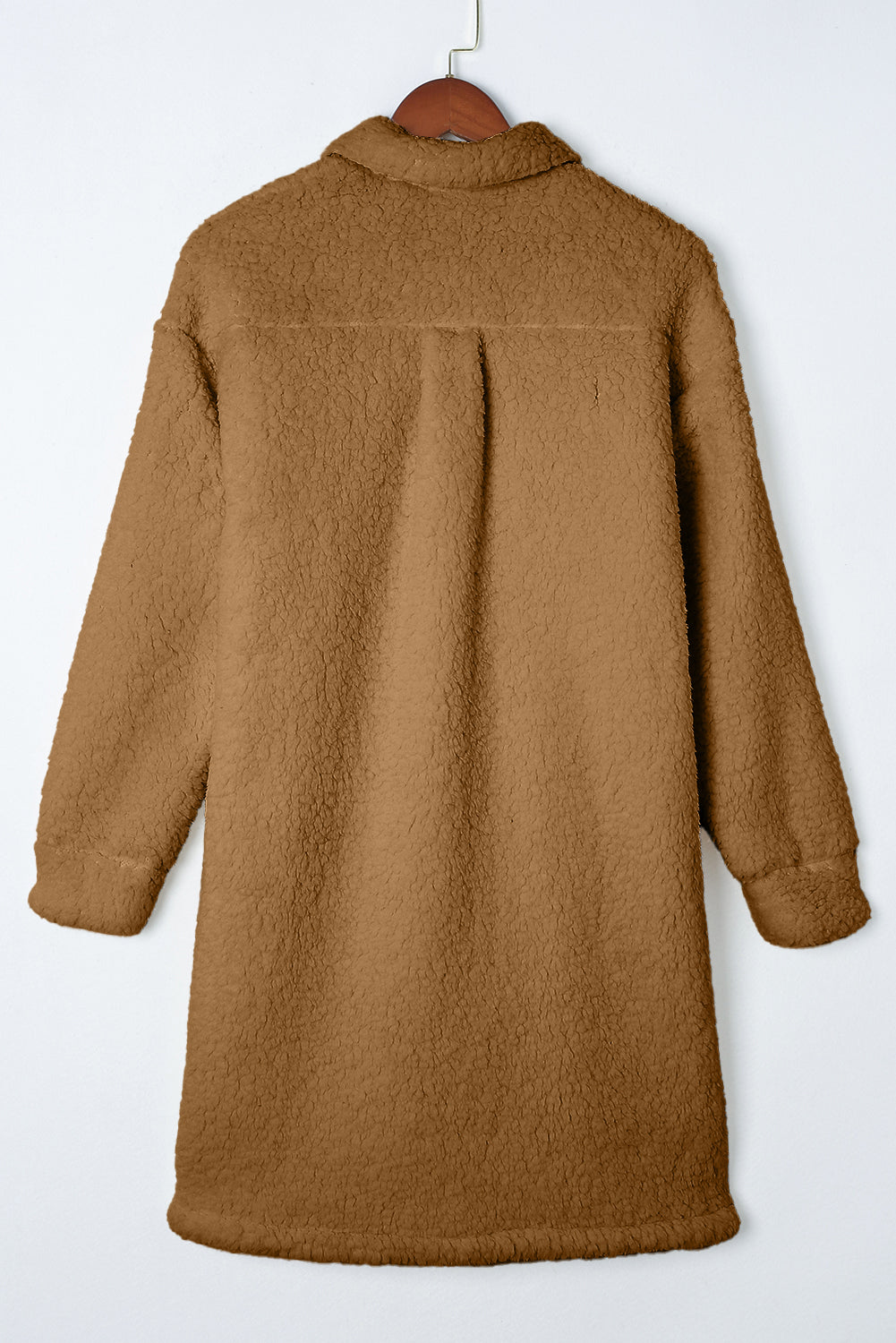 Khaki Single Breasted Teddy Coat with Contrast Flap Pockets