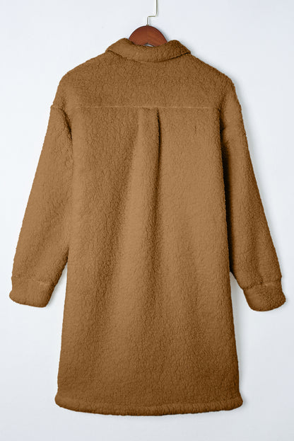 Khaki Single Breasted Teddy Coat with Contrast Flap Pockets