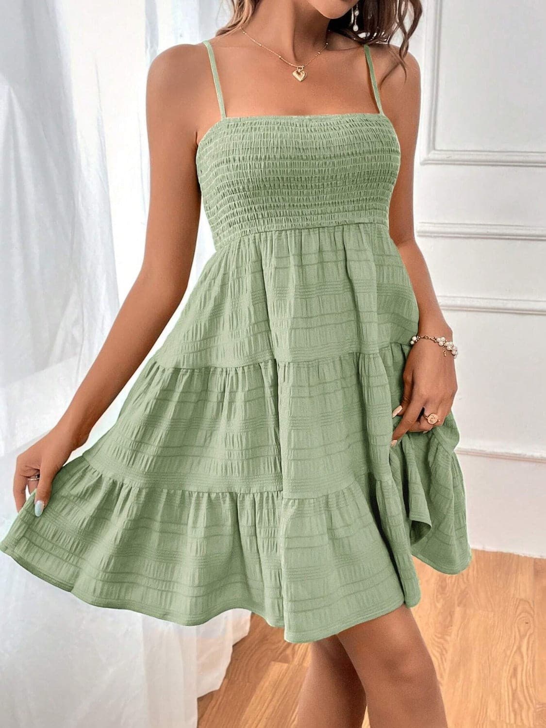 Tiered Smocked Square Neck Cami Dress.