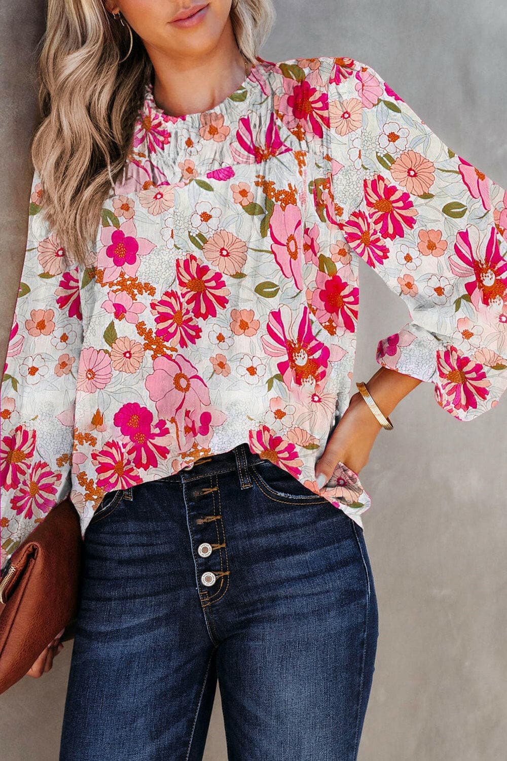 Floral Round Neck Balloon Sleeve Blouse.