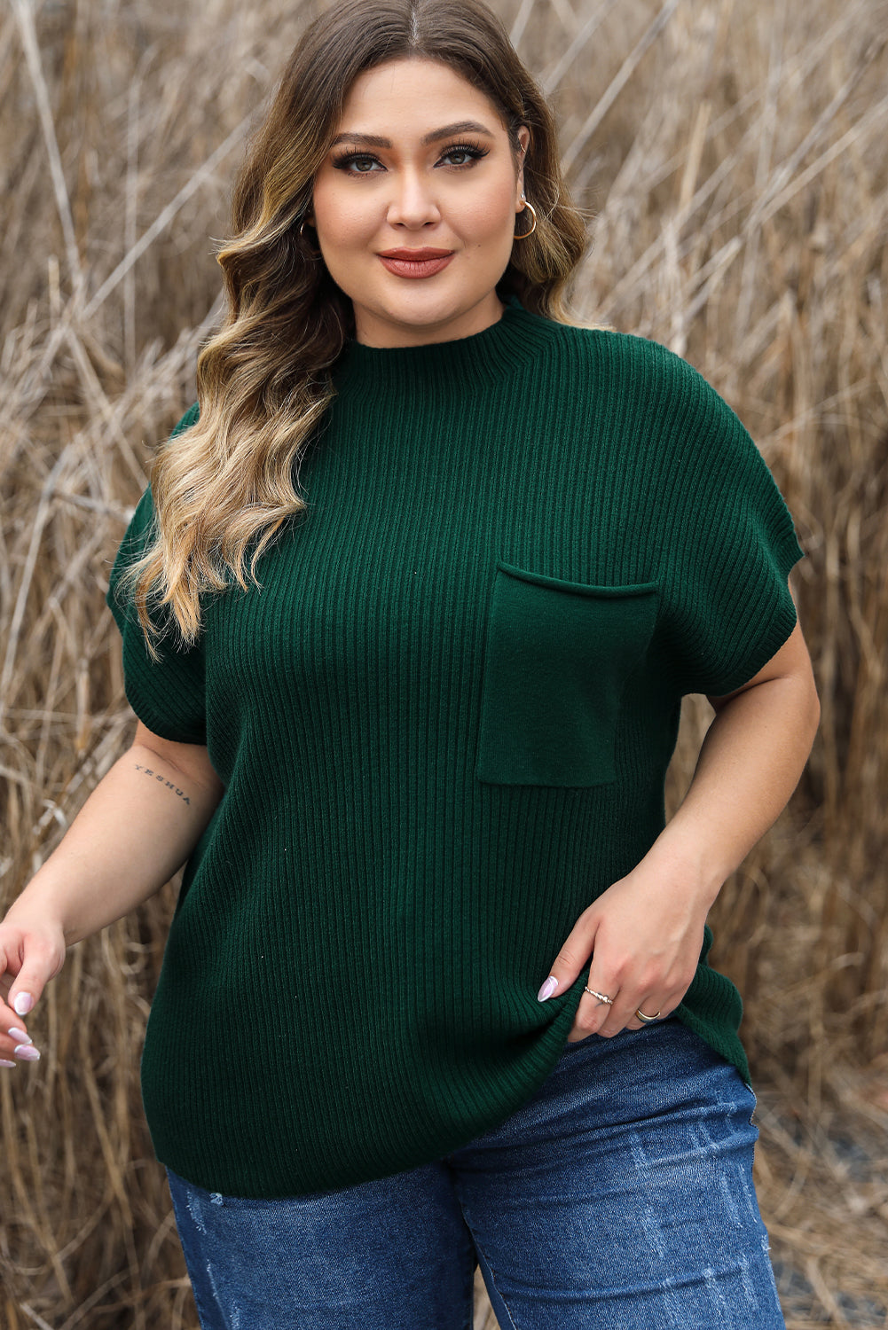 Cozy jungle green plus size mock neck sweater with chest pocket