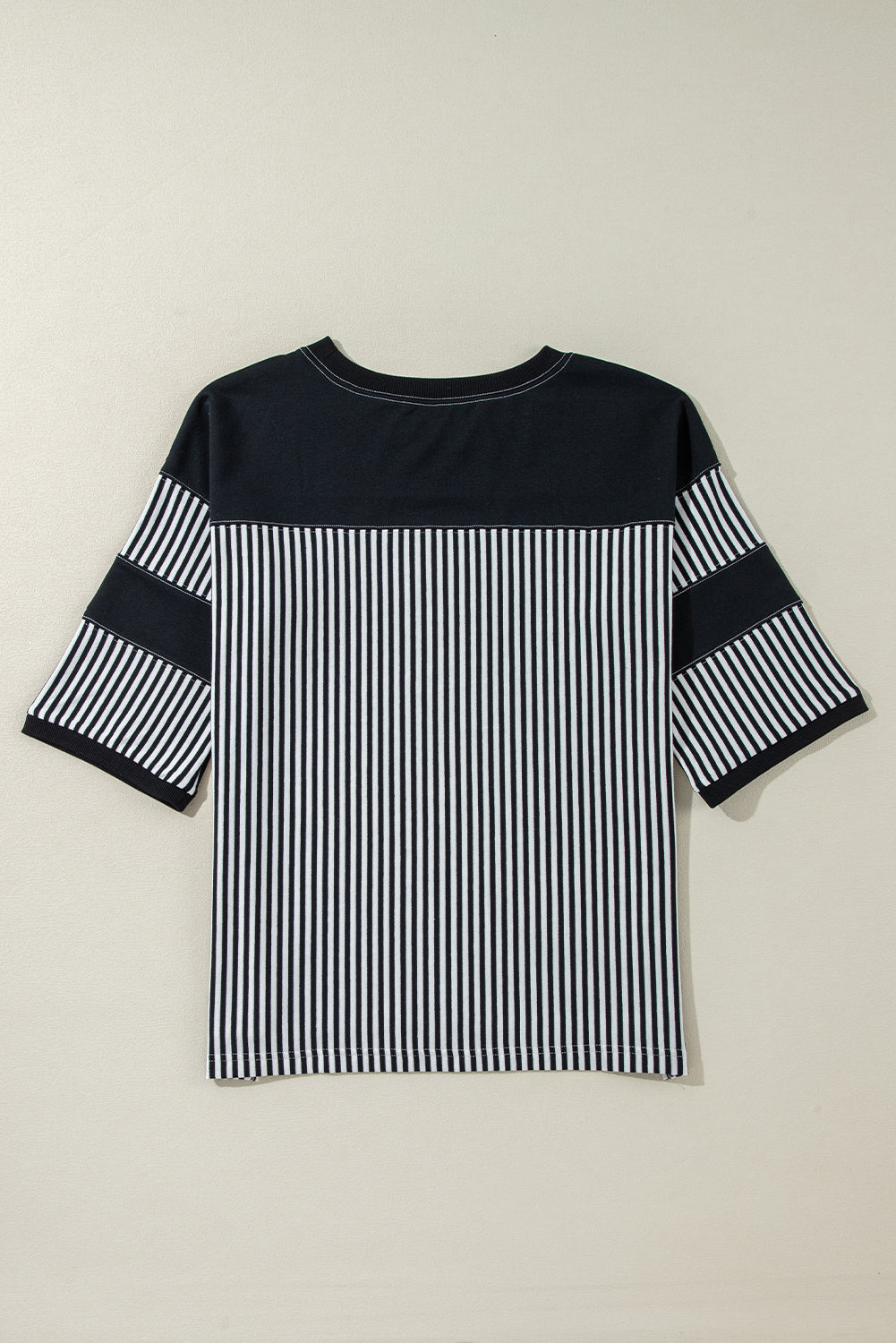 Chic black and white striped patchwork oversized top with 3/4 sleeves