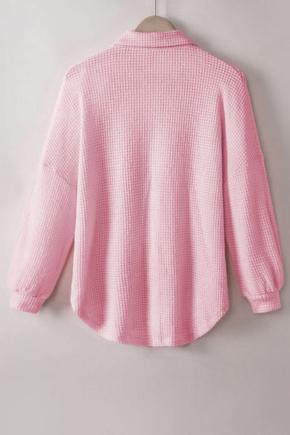 Collared Long Sleeve Waffle-Knit Shirt with Pocket