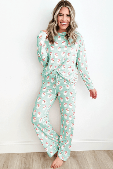 Festive Santa Patterned Long Sleeve Lounge Set with Pants