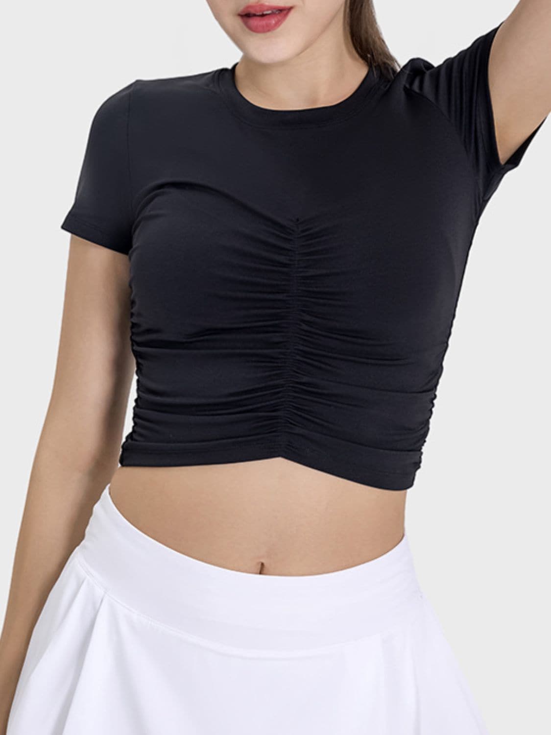 Ruched Round Neck Short Sleeve Active T-Shirt.