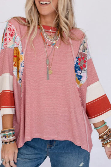 Floral Striped Patchwork Round Neck Blouse