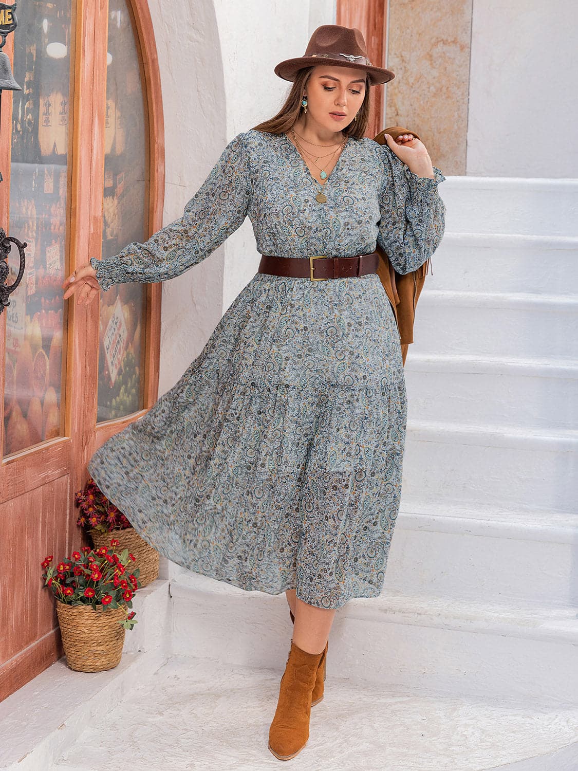 Plus Size V-Neck Long Sleeve Midi Dress.