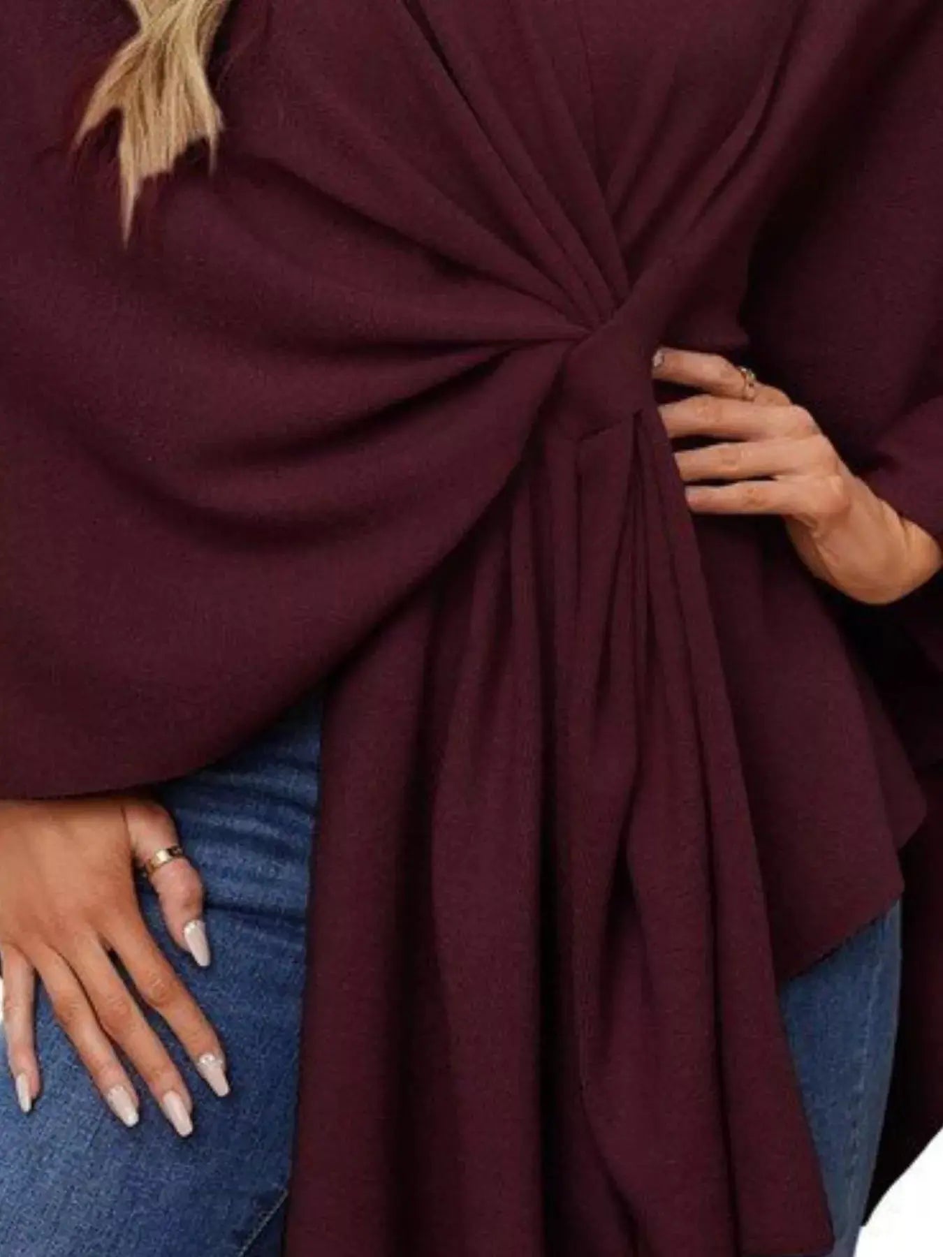 Solid Color Tie-Front Knit Cape Top Simply Love