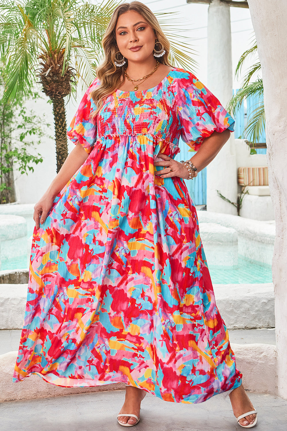 Rose Abstract Printed Puff Sleeve Square Neck Plus Size Dress With Smocked Bust Dear-Lover Dropshipping