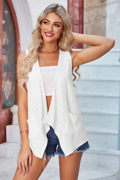 Eyelet Open Front Sleeveless Cardigan.