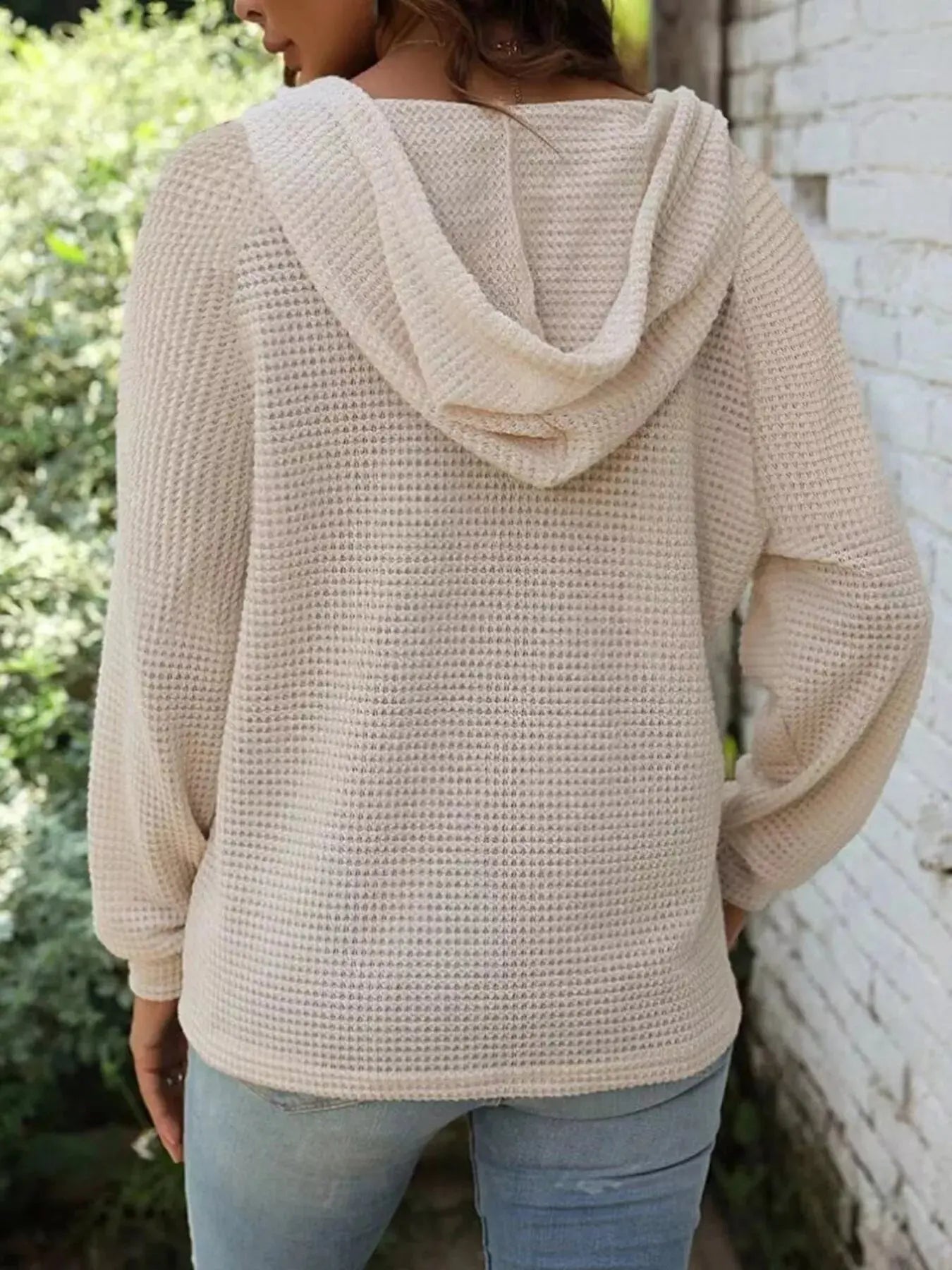 Waffle Knit Button Detail Hoodie Simply Love