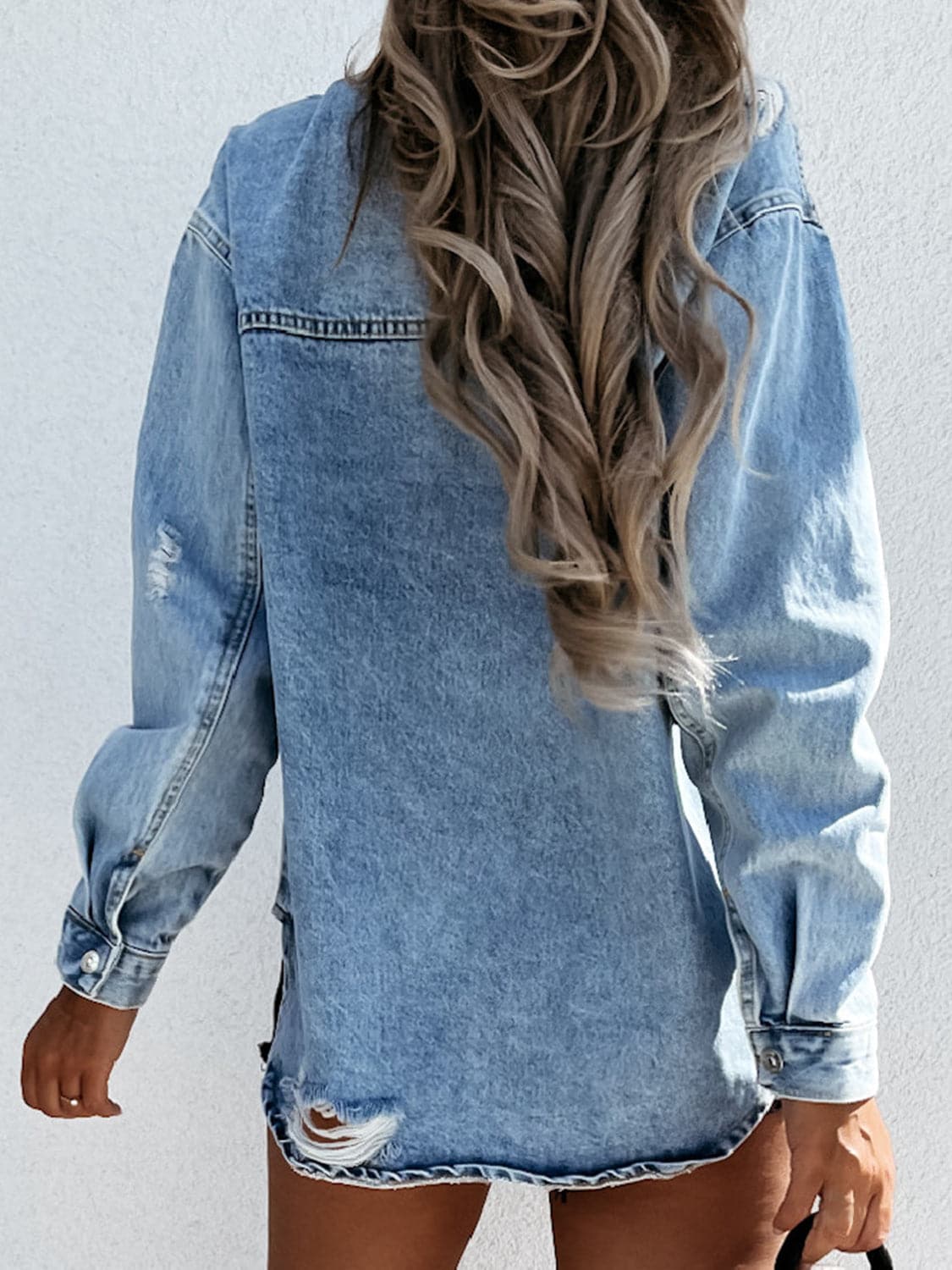 Distressed Snap Down Denim Jacket.