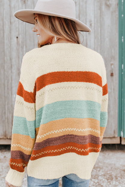 Chic striped color block sweater with drop-shoulder design