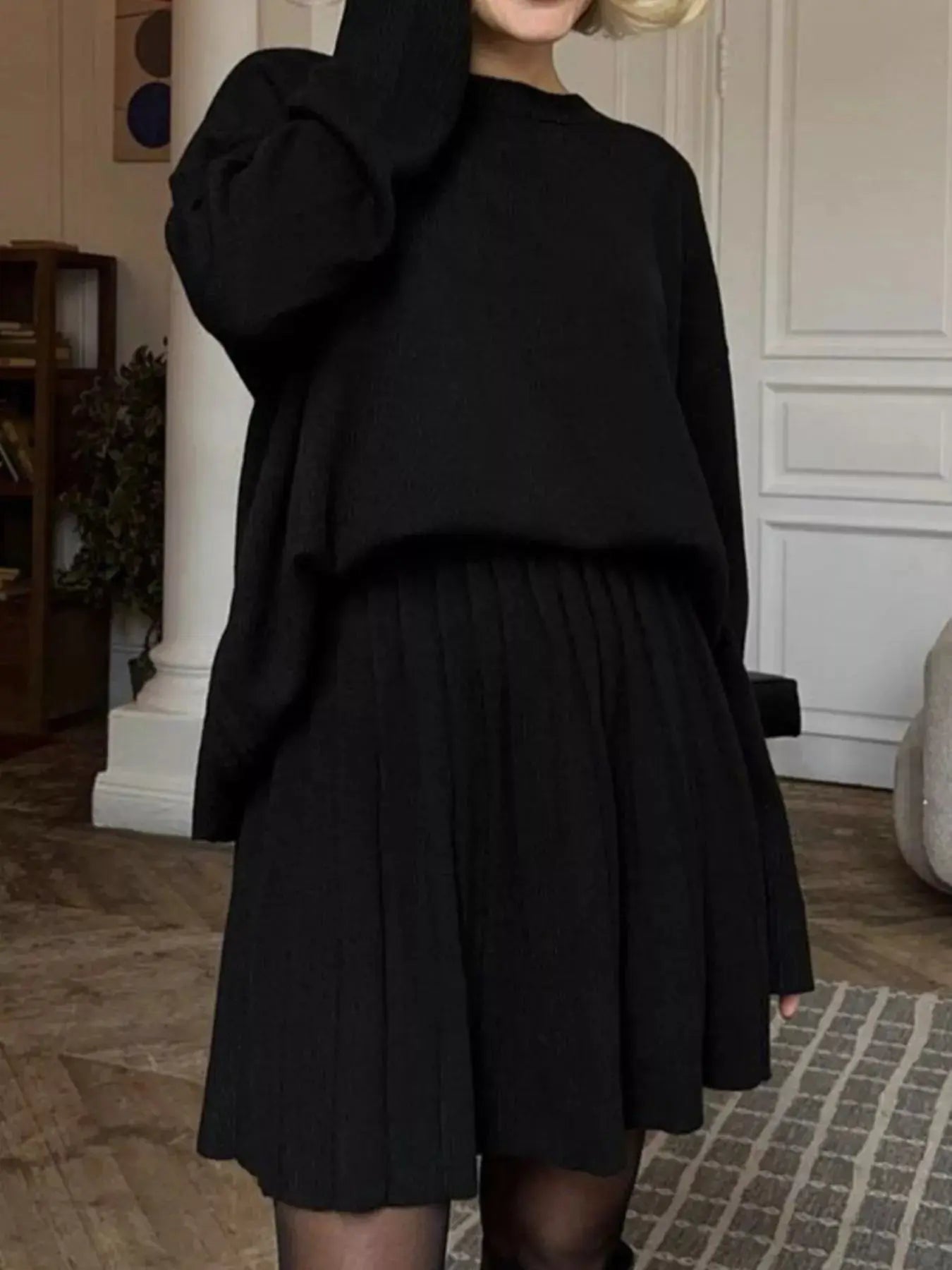 Round Neck Top and Pleated Skirt Sweater Set Simply Love