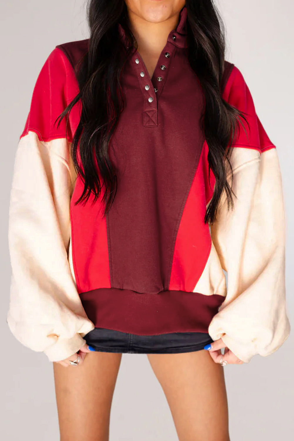 Unisex Fiery Red Color Block Patchwork Snap Button Oversize Hoodie Dear-Lover Dropshipping