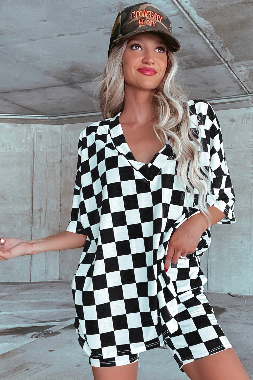 Black Checkerboard Print V Neck Loose Tee and Shorts Set