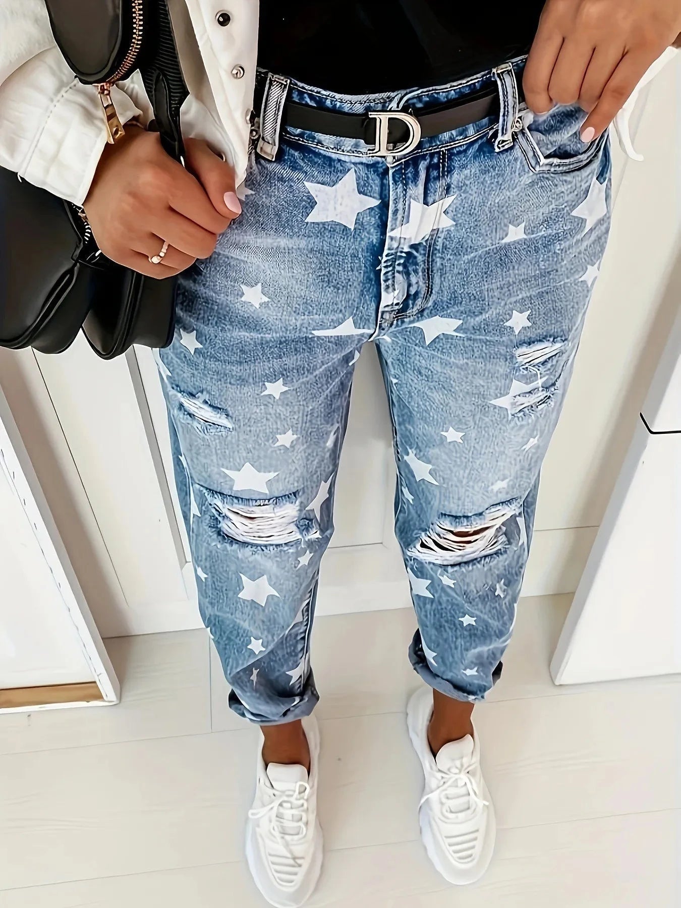 Star Print Distressed High Waist Boyfriend Jeans Coco’s Tee Boutique