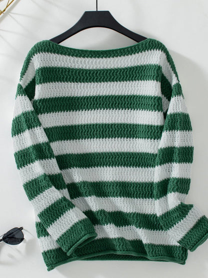 Chic striped long sleeve sweater with dropped shoulders