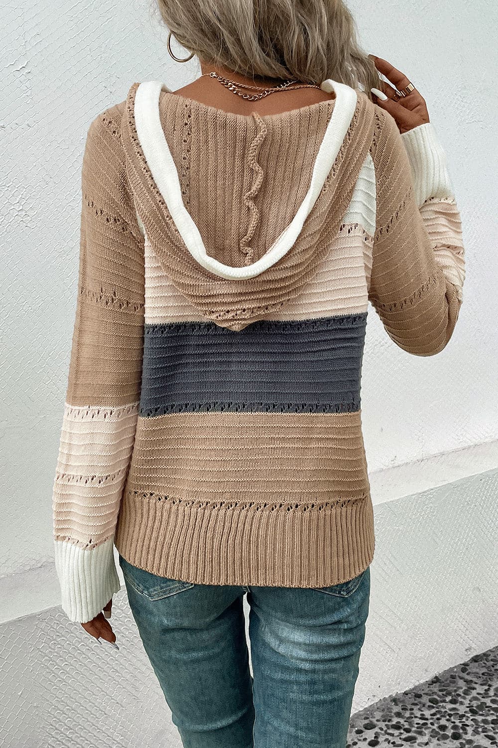 Color Block Drawstring Hooded Sweater.