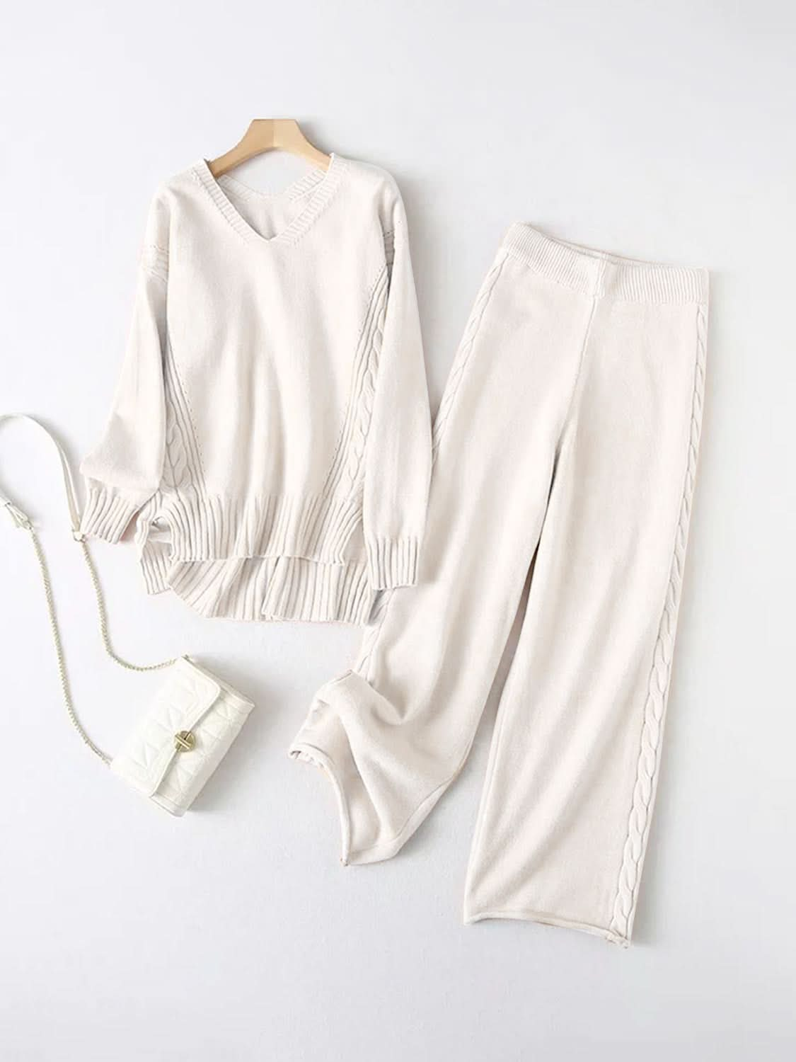 Chic V-neck long sleeve top and matching pants set