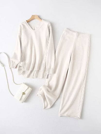 Chic V-neck long sleeve top and matching pants set