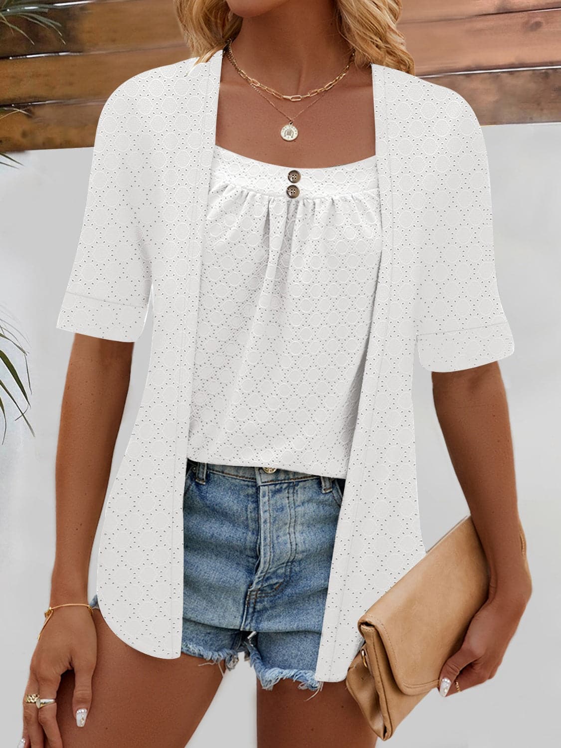 Full Size Faux Layered Decorative Button Half Sleeve Blouse.