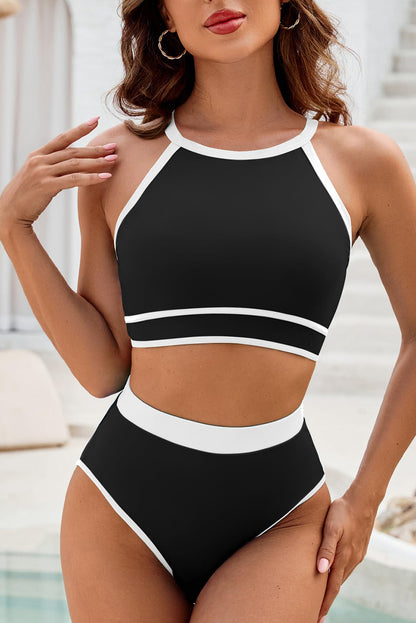 Black High Waisted Bikini with Crisscross Back and Contrast Trim