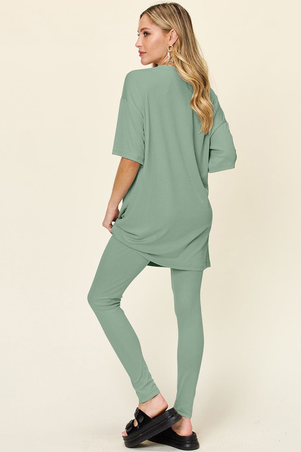 Double Take Full Size Round Neck Dropped Shoulder T-Shirt and Leggings Set.