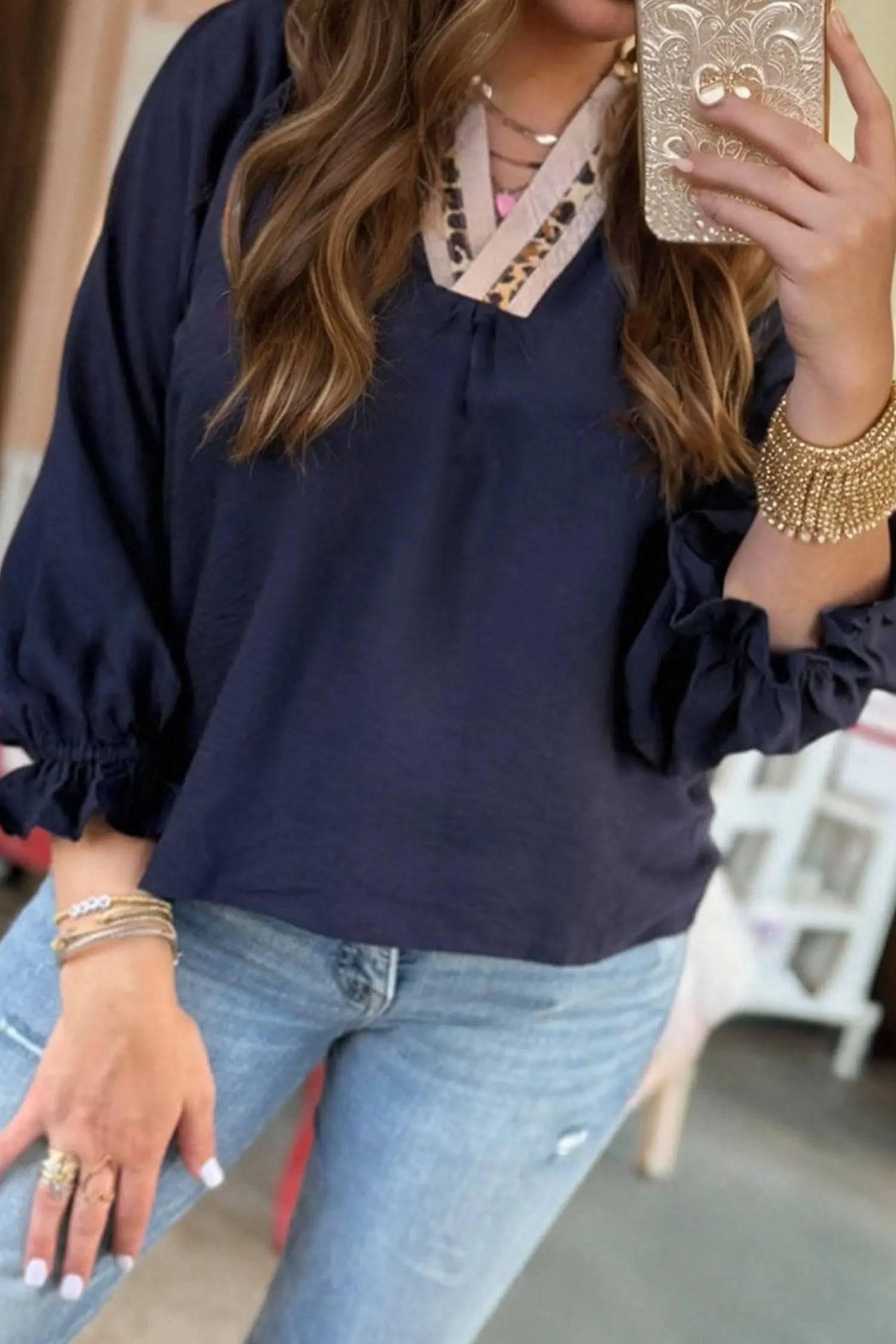 Navy Blue Patchwork Leopard Collar Plus Size Blouse With Flounce Sleeves Dear-Lover Dropshipping