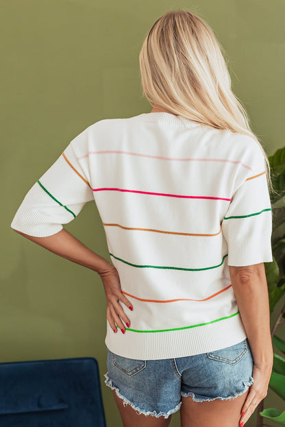 Chic White Colorblock Striped Drop Shoulder Sweater with Half Sleeves