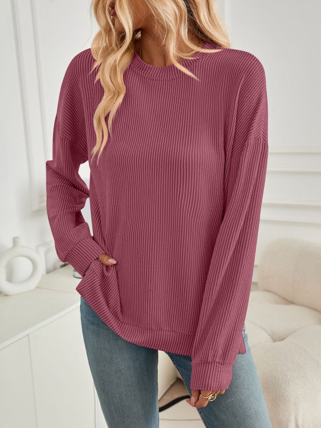 Slit Round Neck Long Sleeve Sweatshirt.