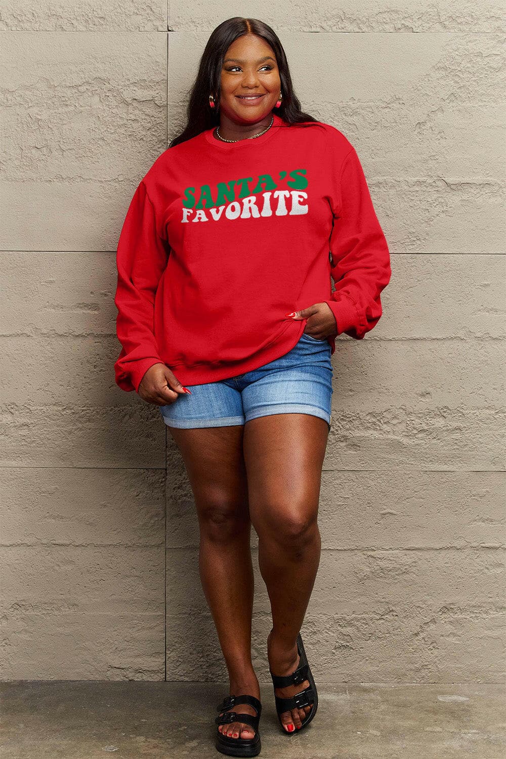 Simply Love Full Size SANTA'S FAVORITE Round Neck Sweatshirt.