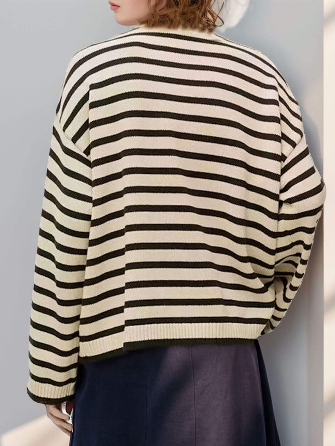 Perfee Striped Round Neck Long Sleeve Knit Top