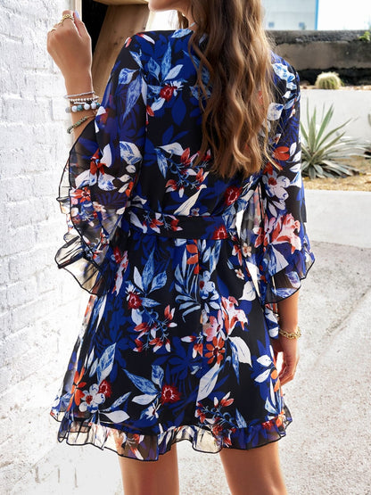 Ruffled Printed Surplice Half Sleeve Mini Dress.