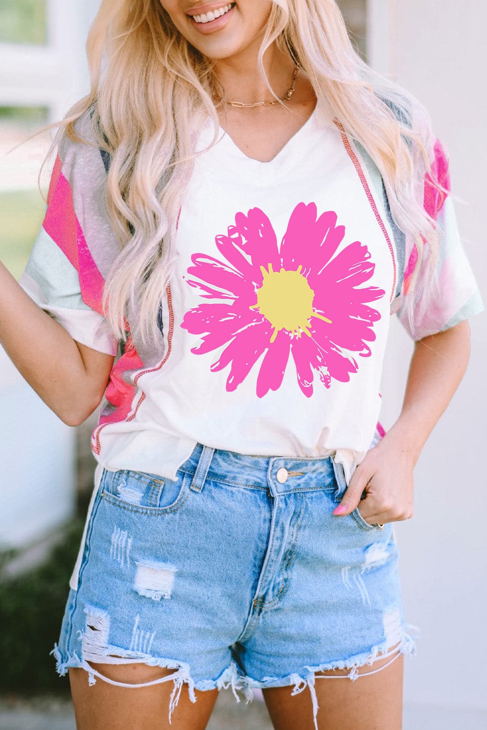 Daisy Graphic V-Neck Half Sleeve T-Shirt.