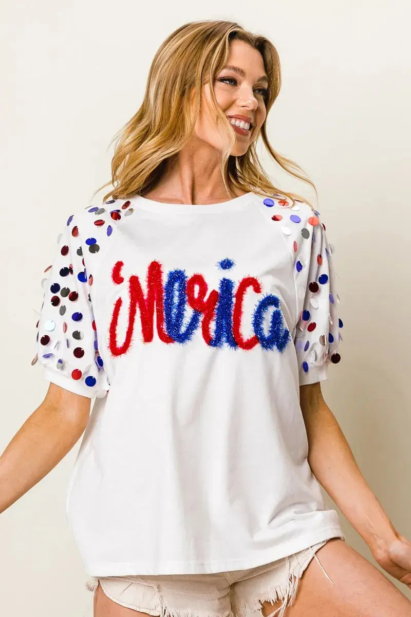 BiBi Metallic Letter Spangle Raglan Puff Sleeve Top - Love Salve 