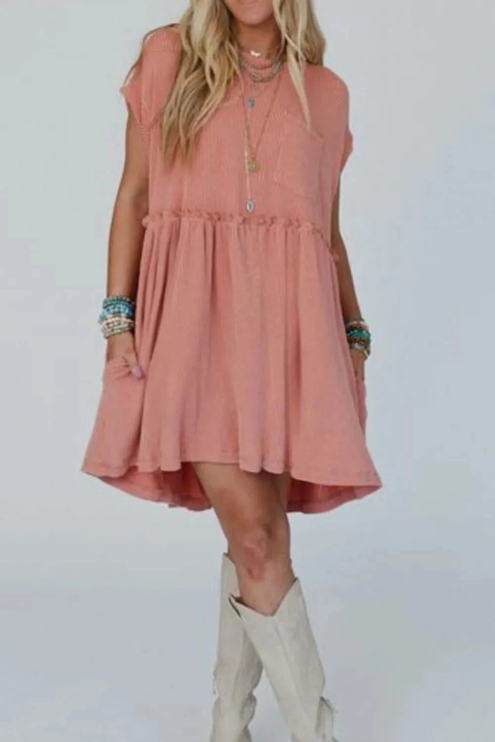 Corded Knit Textured Patched Pocket Frilled Swing Mini Dress with Pockets Simply Love