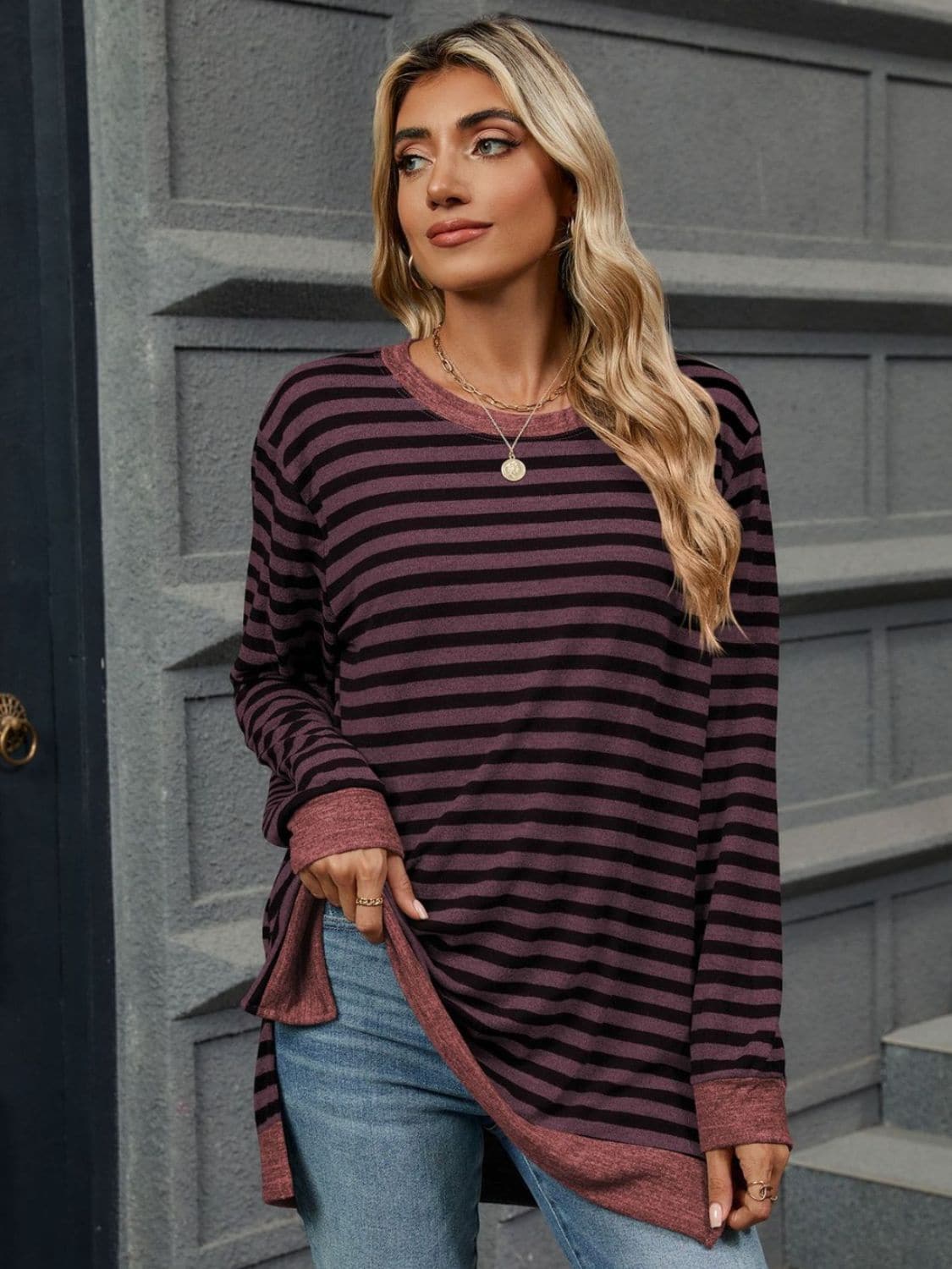 Striped Round Neck Long Sleeve T-Shirt.