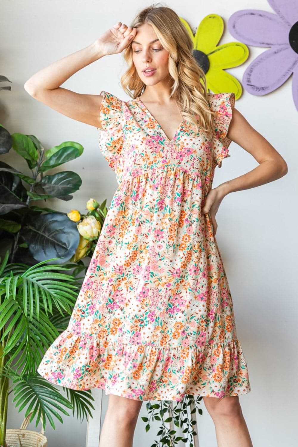 Heimish Full Size Floral Ruffled V-Neck Dress.