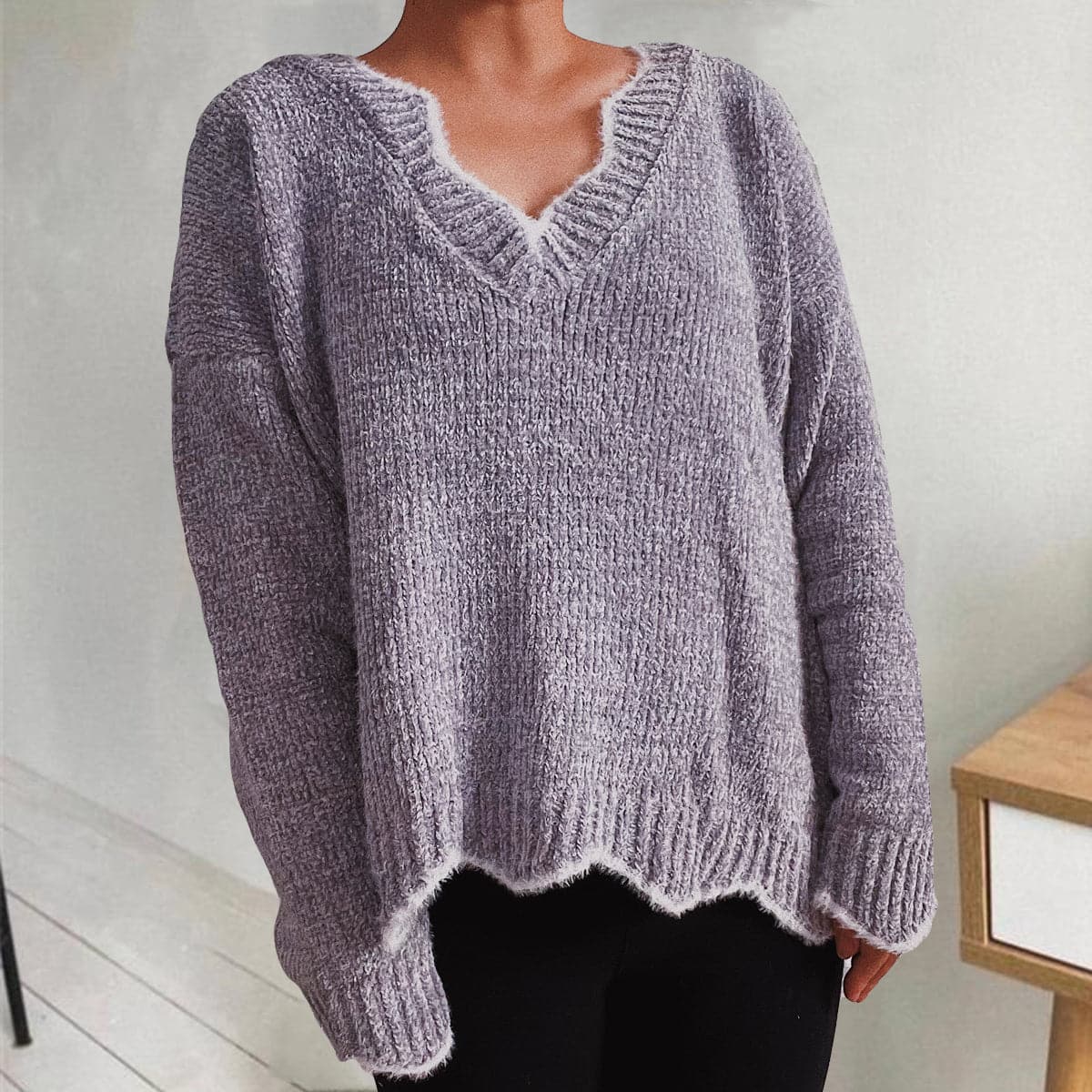 V-Neck Drop Shoulder Long Sleeve Sweater.