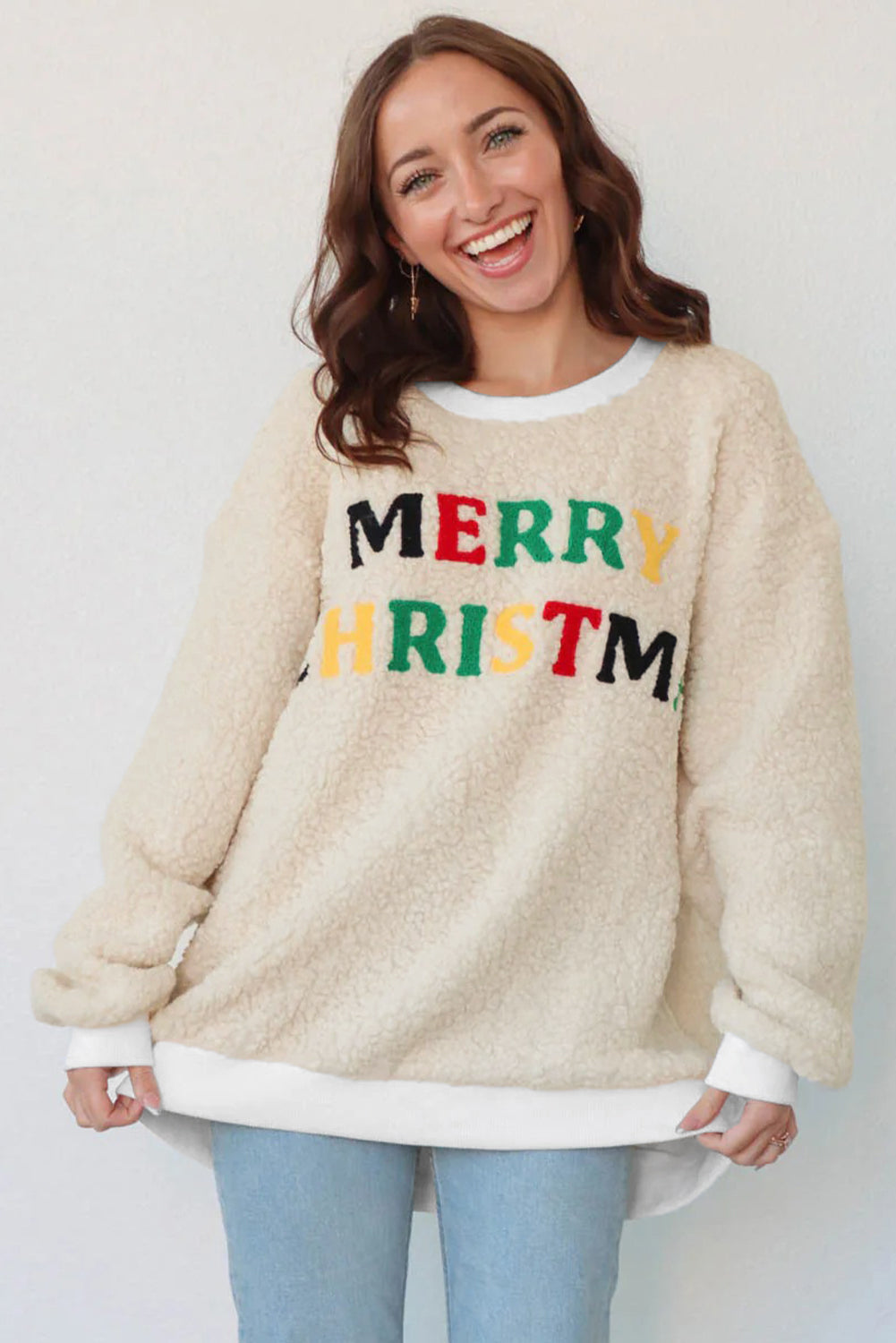 Dear-Lover White Sherpa Sweatshirt Women's Christmas Embroidered Pullover - Soft & Casual Dear-Lover Dropshipping