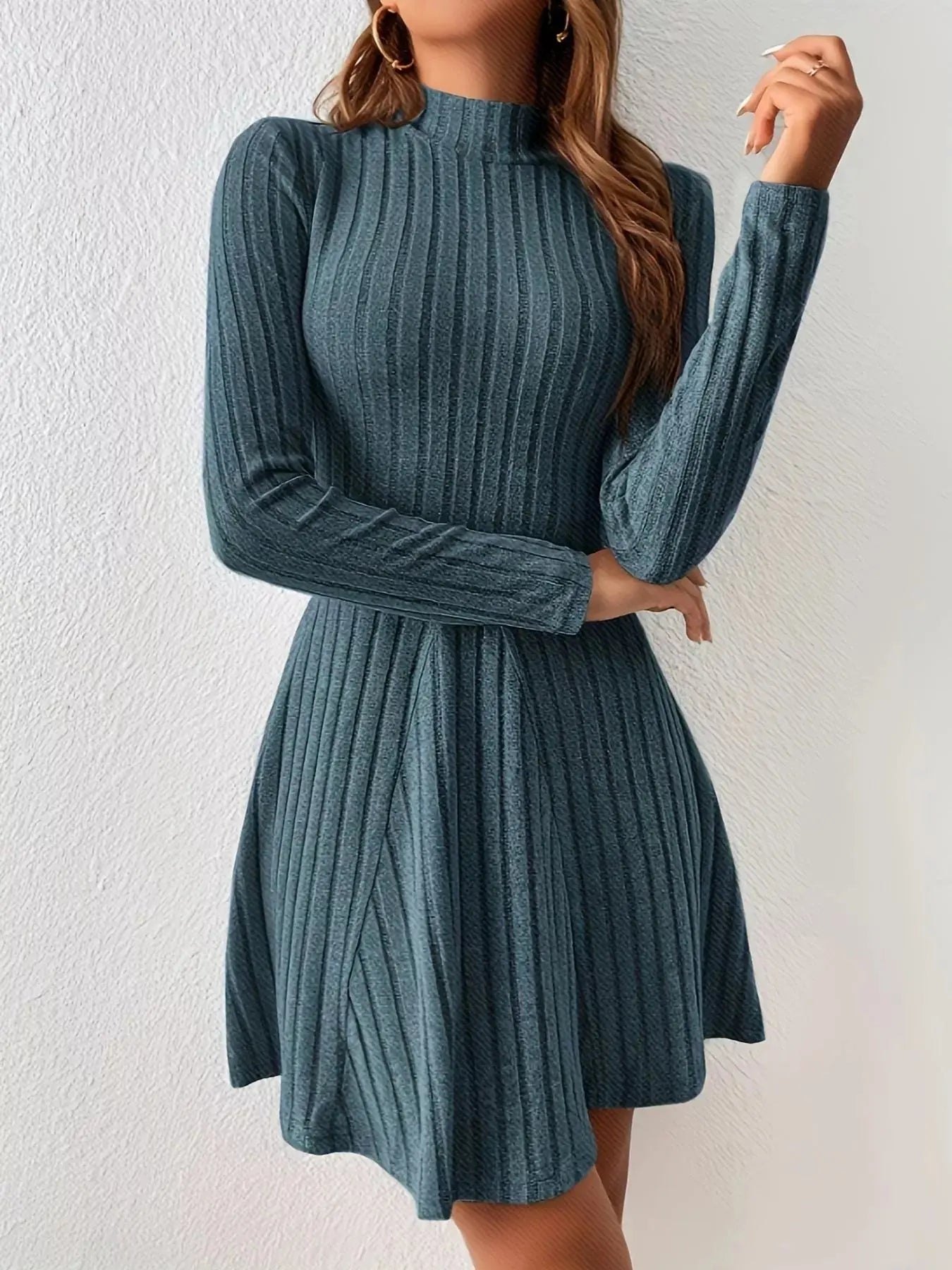 Ribbed Knit Mock Neck Long Sleeve Dress Simply Love
