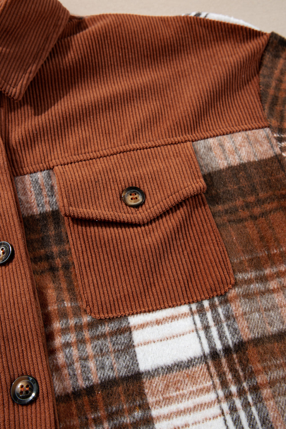 Cinnamon corduroy plaid shacket with chest pockets