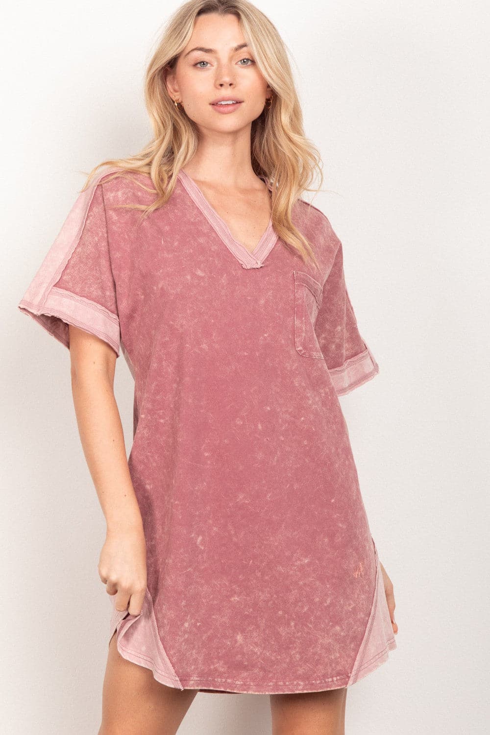 VERY J Short Sleeve V-Neck Tee Dress.