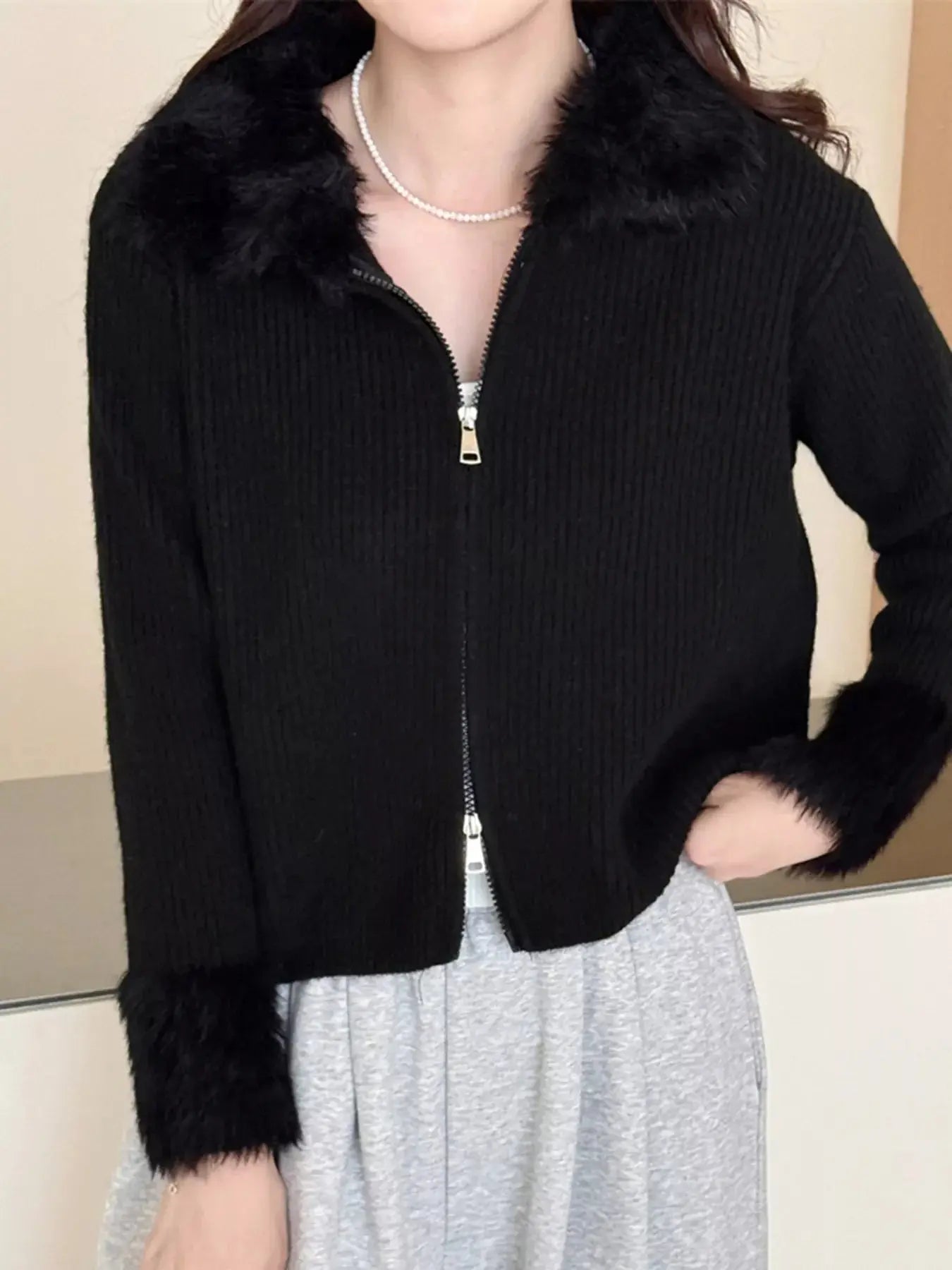 Fluffy Trim Zip-Up Cardigan Simply Love