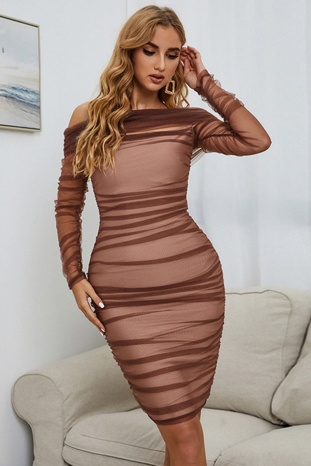 Off-Shoulder Ruched Long Sleeve Tulle Dress.