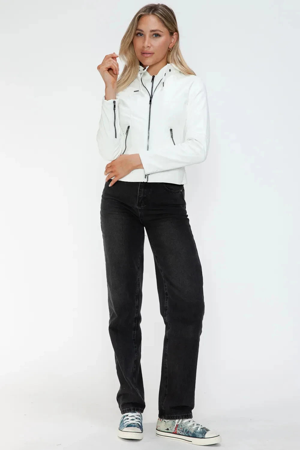 Snobbish Faux Leather Zip Up Drawstring Hooded Jacket Coco’s Tee Boutique