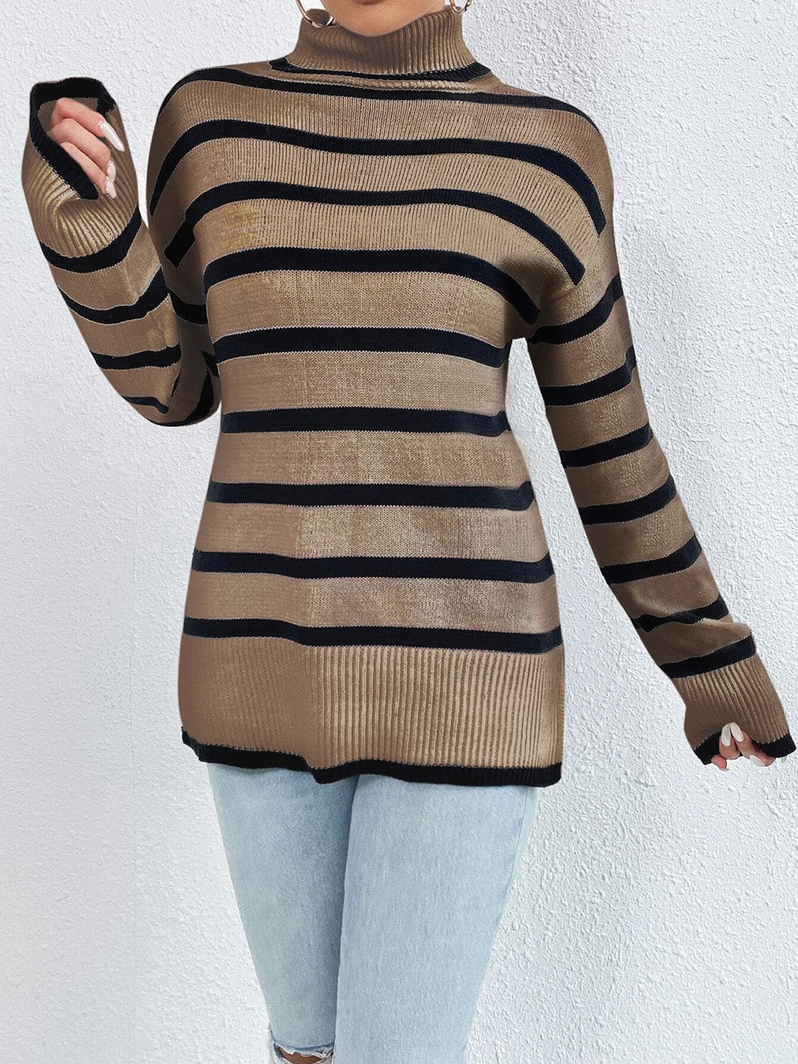 Striped Turtleneck Long Sleeve Sweater.