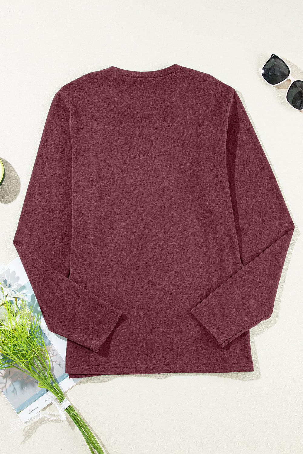 Red Dahlia Solid Exposed Seam Crew Neck Long Sleeve Top