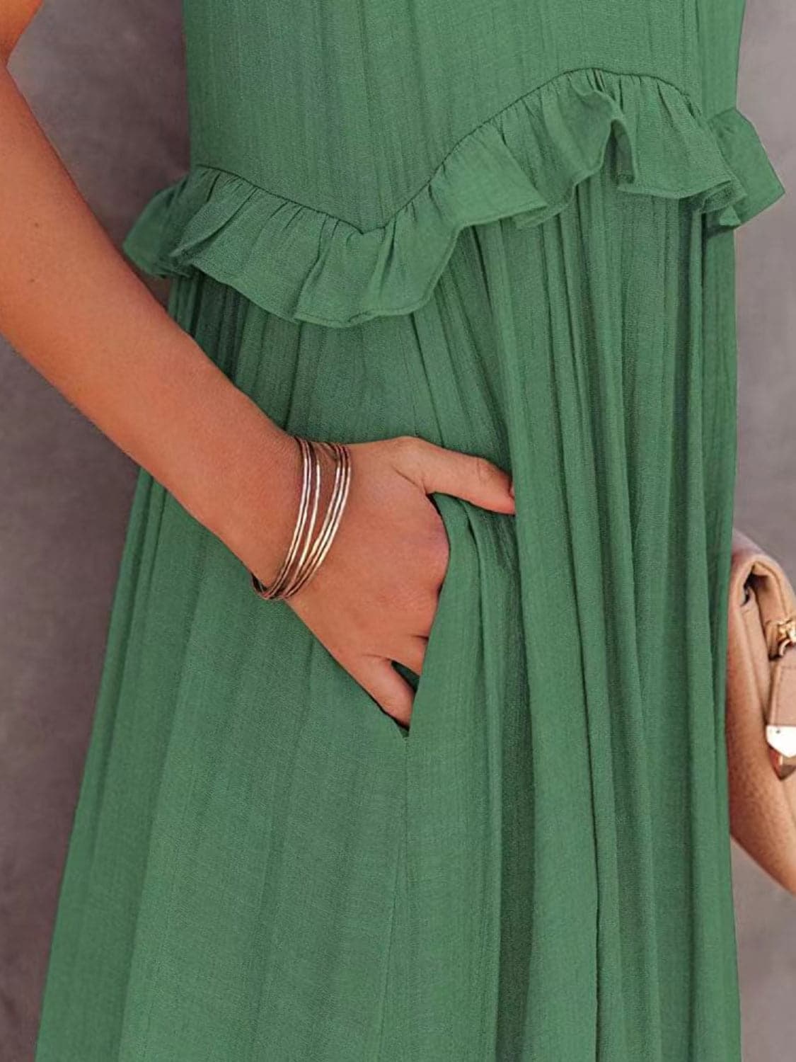 Ruffled Sleeveless Tiered Maxi Dress with Pockets.